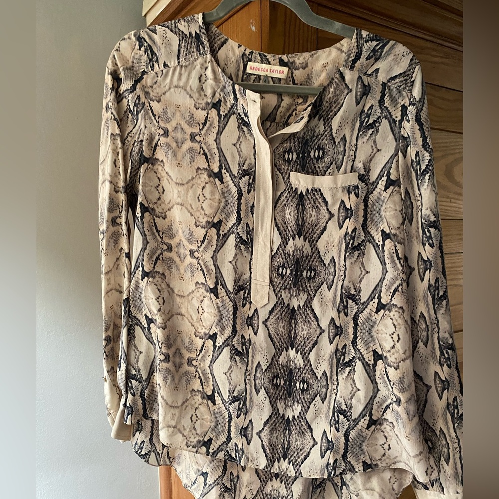 Rebecca Taylor Black and Cream 3/4 Sleeve Mandarin Collar Blouse